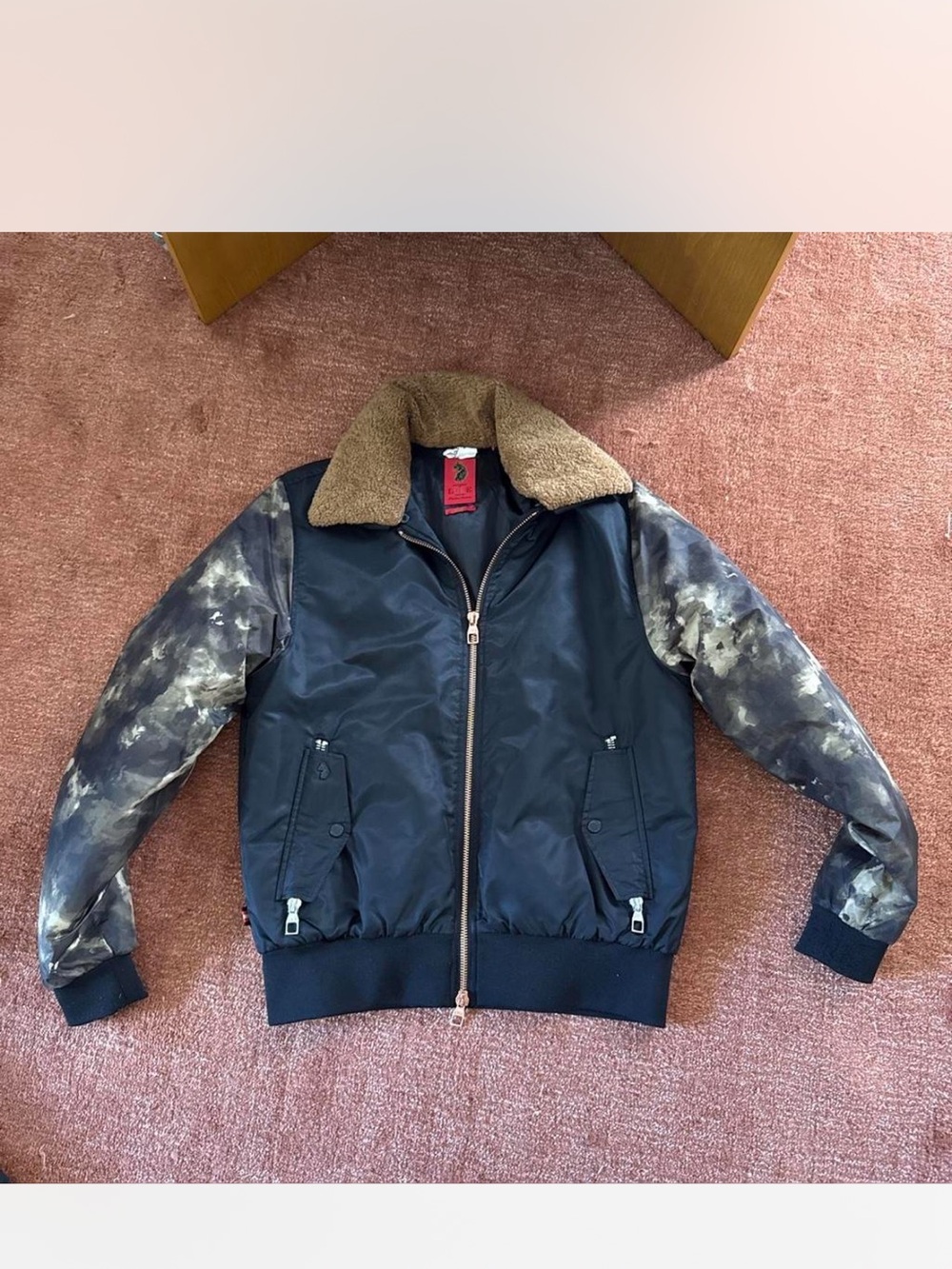 Luke 1977 Navy Bomber Jacket with Brown Sherpa Collar and Tie-Dye Sleeves
